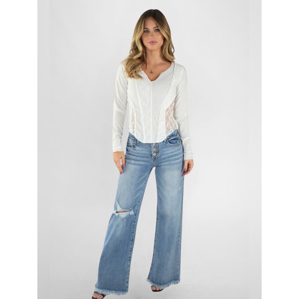 POL Isabella Waffle Thermal Raw Seam Sheer Lace Long Sleeve Top Small White Boho - Picture 3 of 12